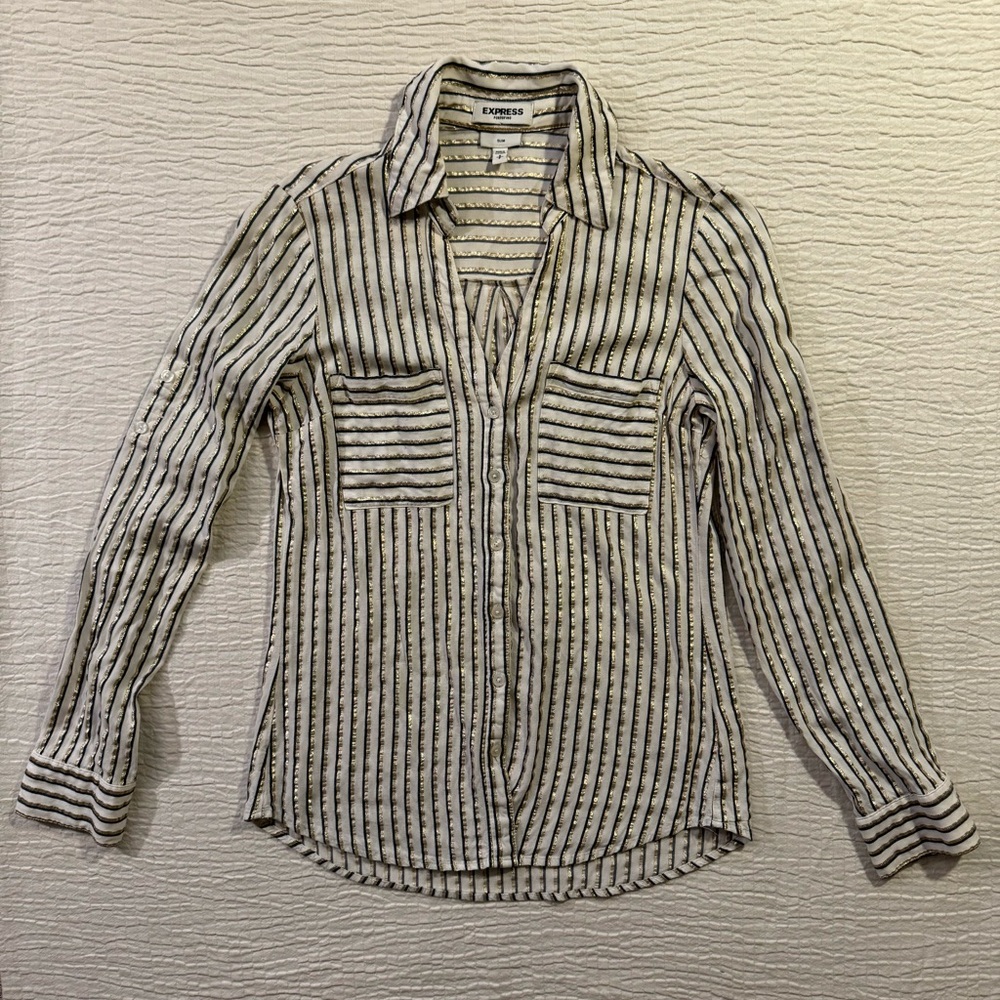 Express White, Blue, and Gold Striped Blouse